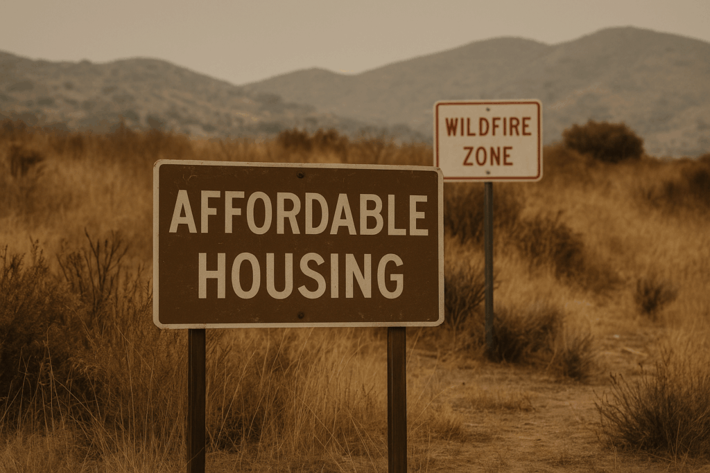 Two signs in a dry field: one says “Affordable Housing,” the other warns “Wildfire Zone.”