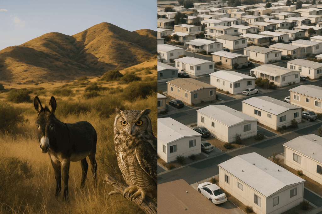 Split-screen image showing a wild burro and owl in the natural hills of East Moreno Valley on the left, and a dense trailer park development on the right, highlighting the contrast between open space and urban sprawl. Artists rendition from the Moreno Badlands Conservnacy