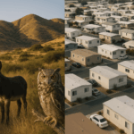 Open Hills vs High-Density Development – Moreno Valley Land Use Contrast - Moreno Badlands Conservnacy Split-screen image showing a wild burro and owl in the natural hills of East Moreno Valley on the left, and a dense trailer park development on the right, highlighting the contrast between open space and urban sprawl. Artists rendition from the Moreno Badlands Conservnacy