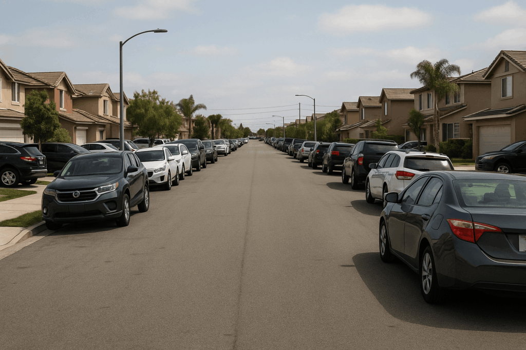 Street lined with parked cars in a suburban Moreno Valley neighborhood