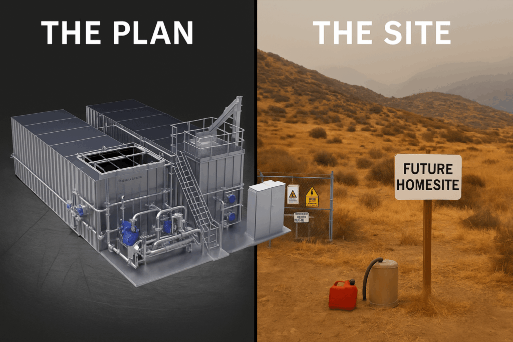 Split image showing an industrial wastewater machine labeled “The Plan” and a dry hillside with a “Future Homesite” sign labeled “The Site.”