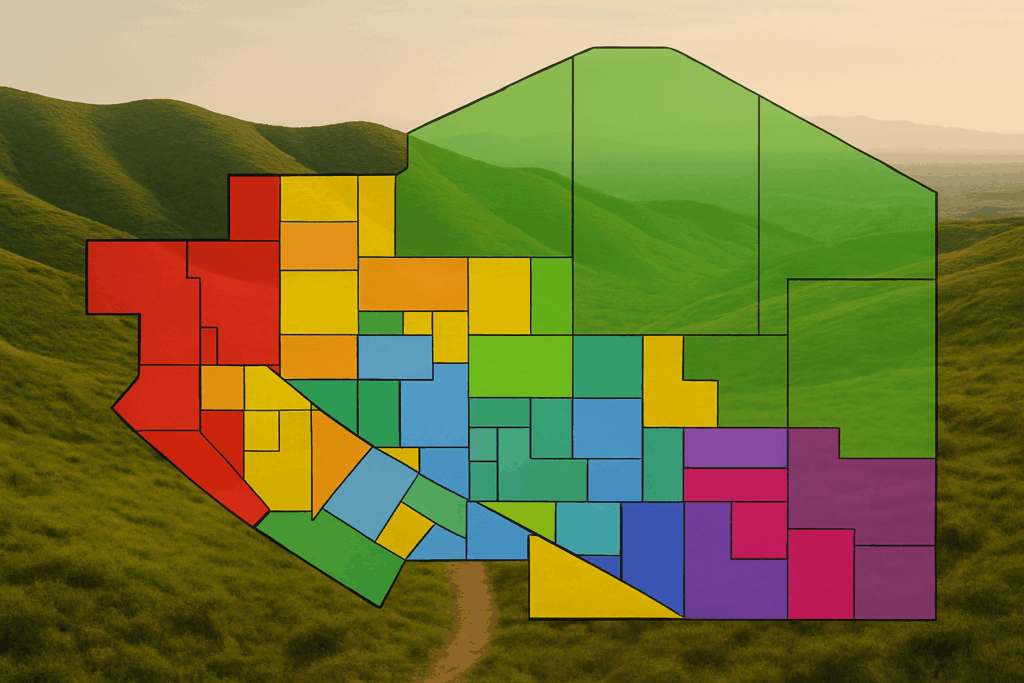 A composite image showing a zoning map overlaying the natural foothills of east Moreno Valley with colored boundaries representing land use designations.